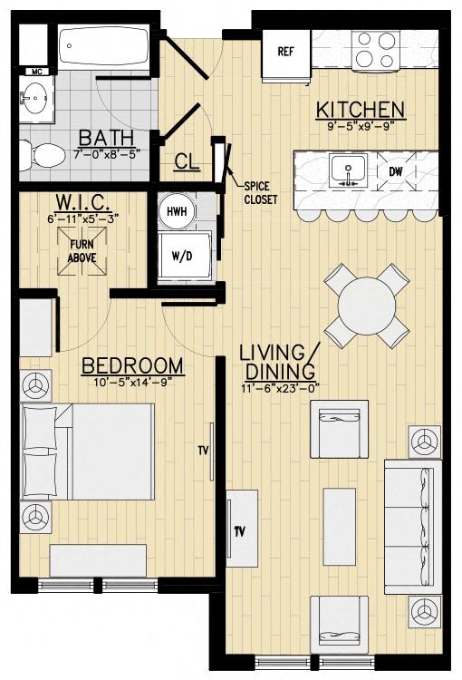 Floor plan for 1 bed, 1 bath, 723 sqft