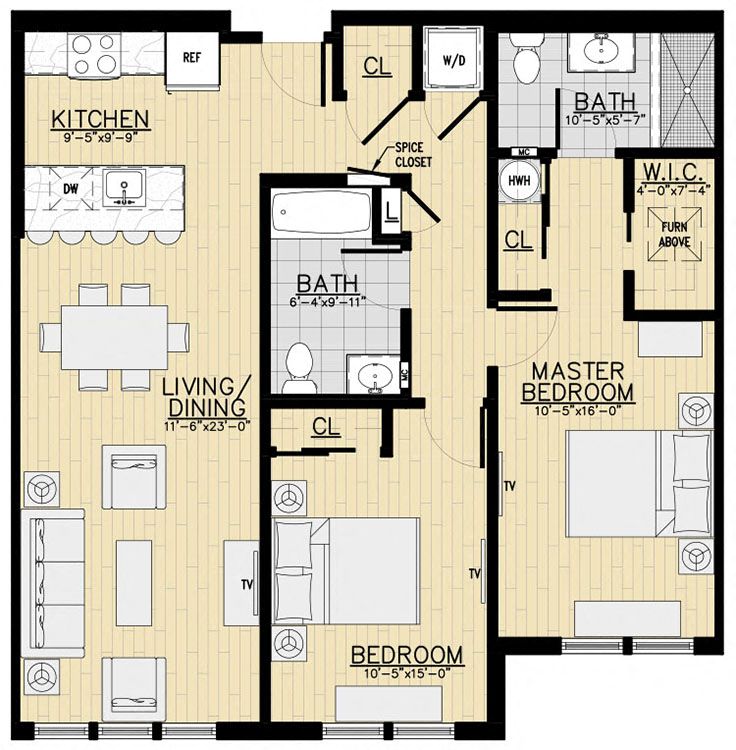 Floor plan for 2 beds, 2 baths, 1085 sqft