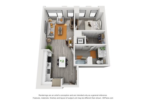 Floor plan for 1 bed, 1 bath, 718 sqft