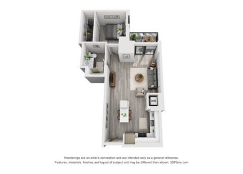 Floor plan for 1 bed, 1 bath, 757 sqft