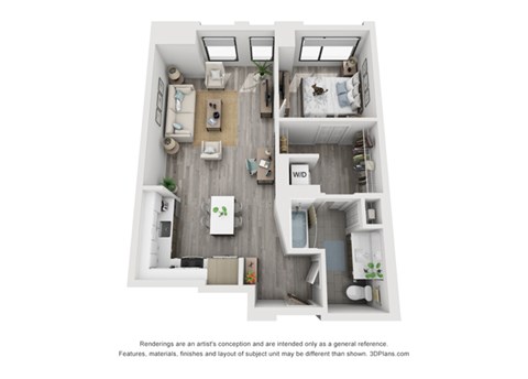 Floor plan for 1 bed, 1 bath, 793 sqft