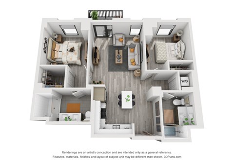 Floor plan for 2 beds, 2 baths, 1044 sqft