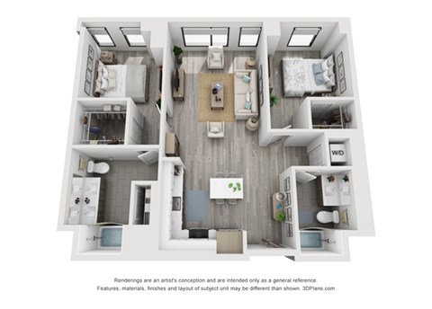 Floor plan for 2 beds, 2 baths, 1186 sqft