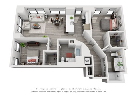 Floor plan for 2 beds, 2 baths, 1279 sqft