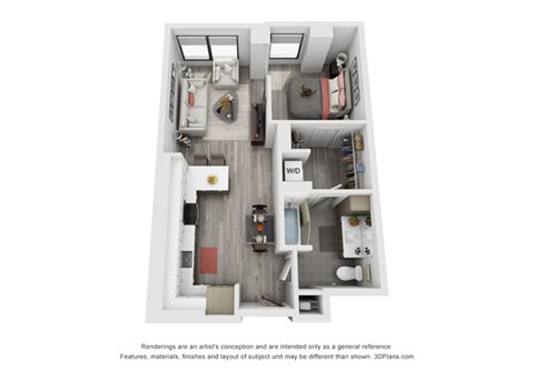 Floor plan for studio, 1 bath, 689 sqft