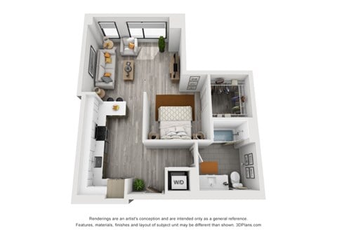 Floor plan for studio, 1 bath, 697 sqft