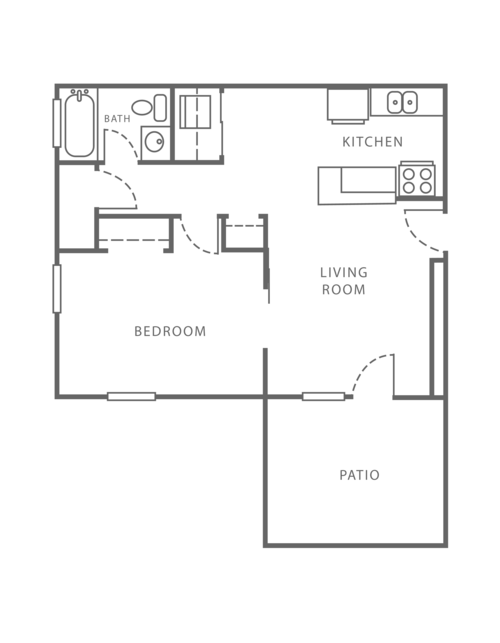 Floor plan for 1 bed, 1 bath, 725 sqft