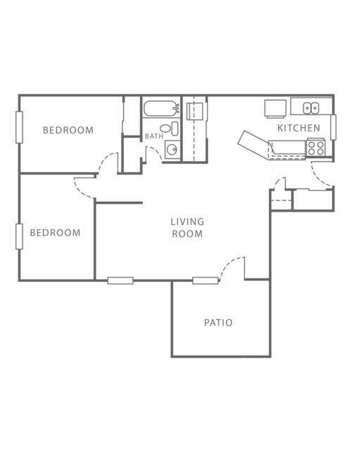 Floor plan for 2 beds, 1 bath, 925 sqft