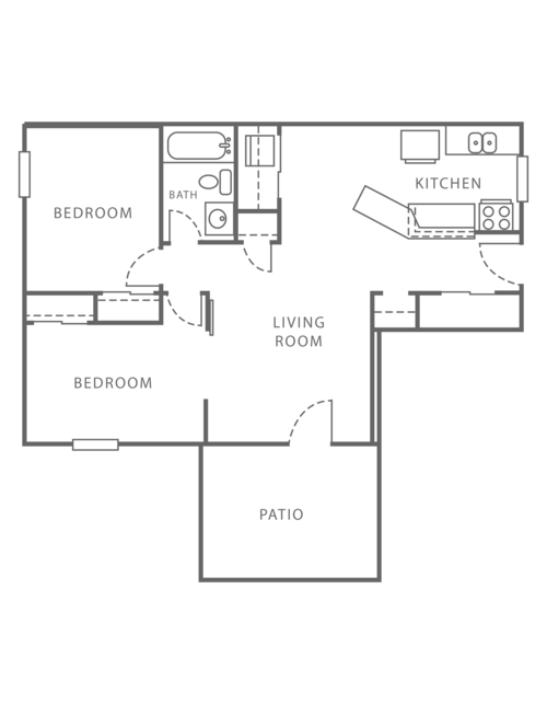 Floor plan for 2 beds, 1 bath, 725 sqft