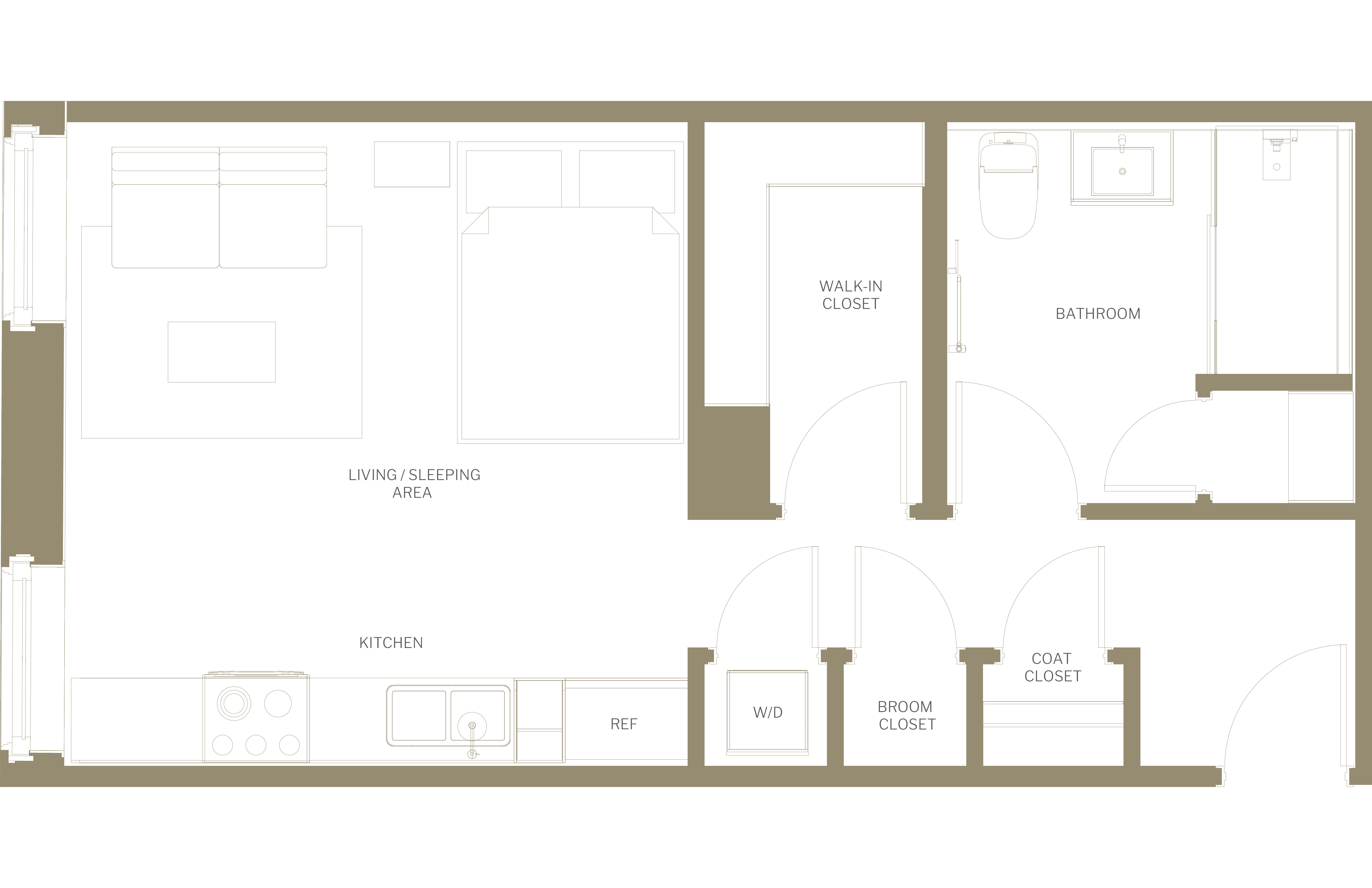 Floor plan for studio, 1 bath, 645 sqft