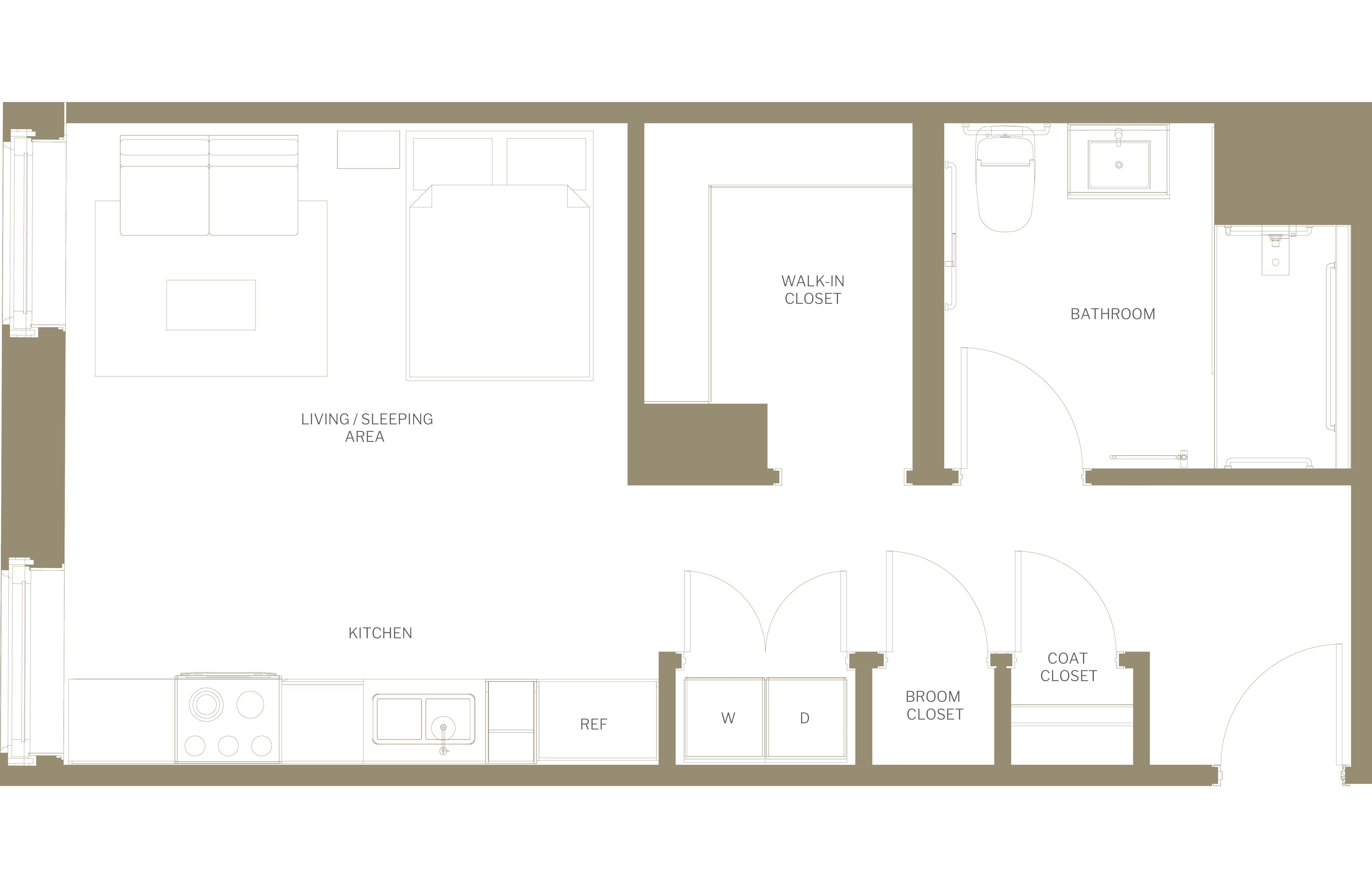 Floor plan for studio, 1 bath, 645 sqft