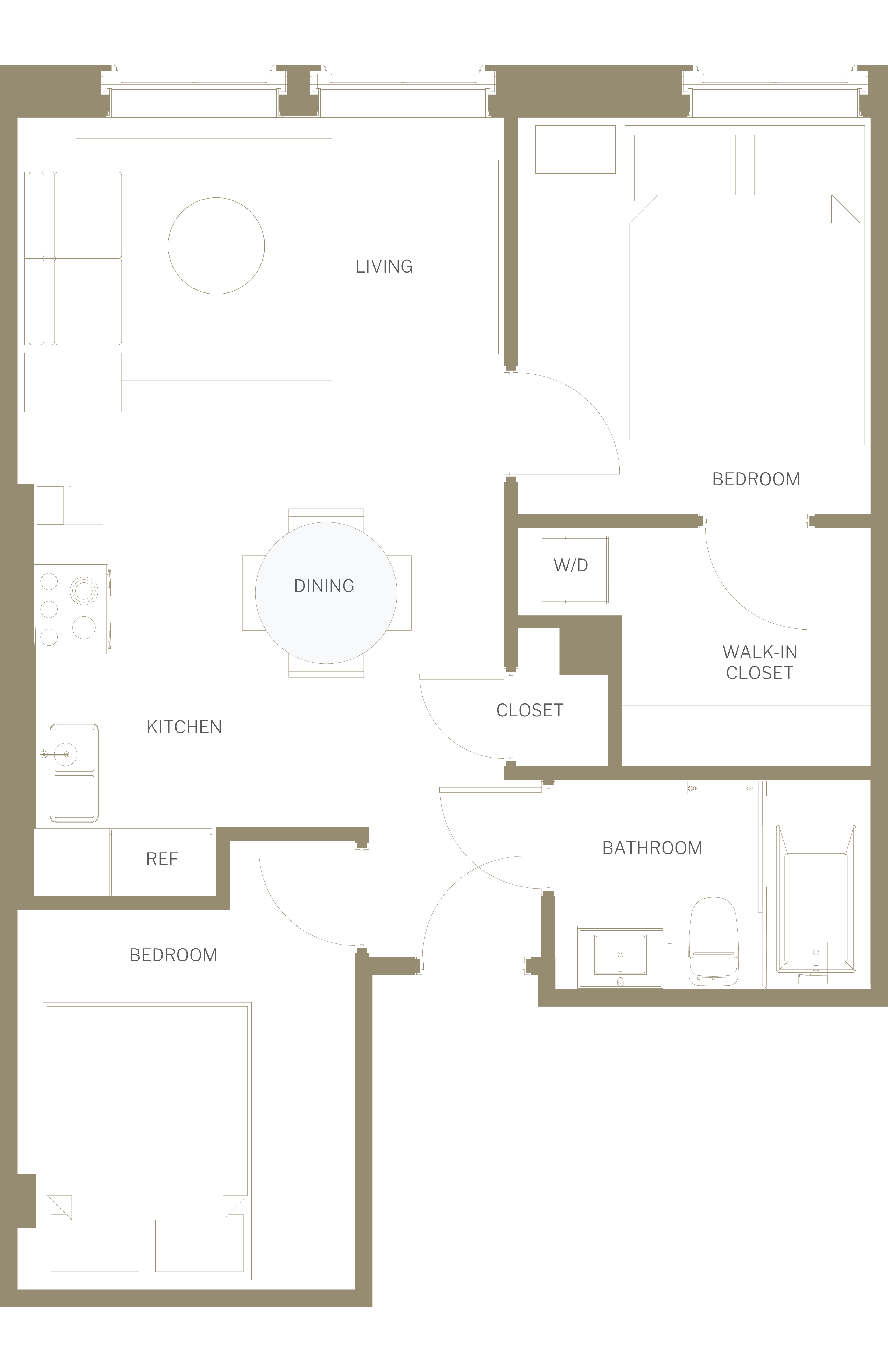 Floor plan for 2 beds, 1 bath, 910 sqft