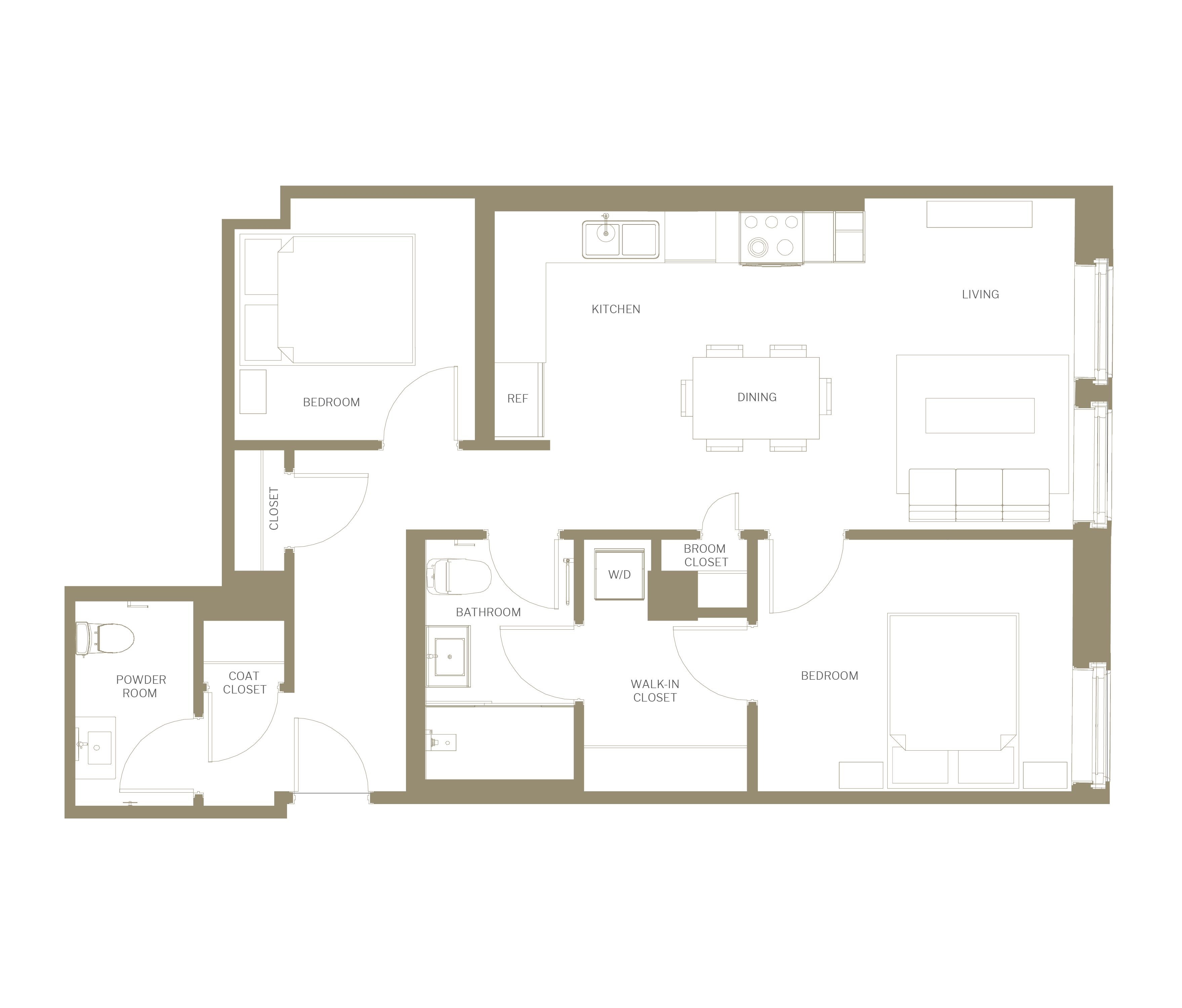 Floor plan for 2 beds, 1.5 baths, 1080 sqft