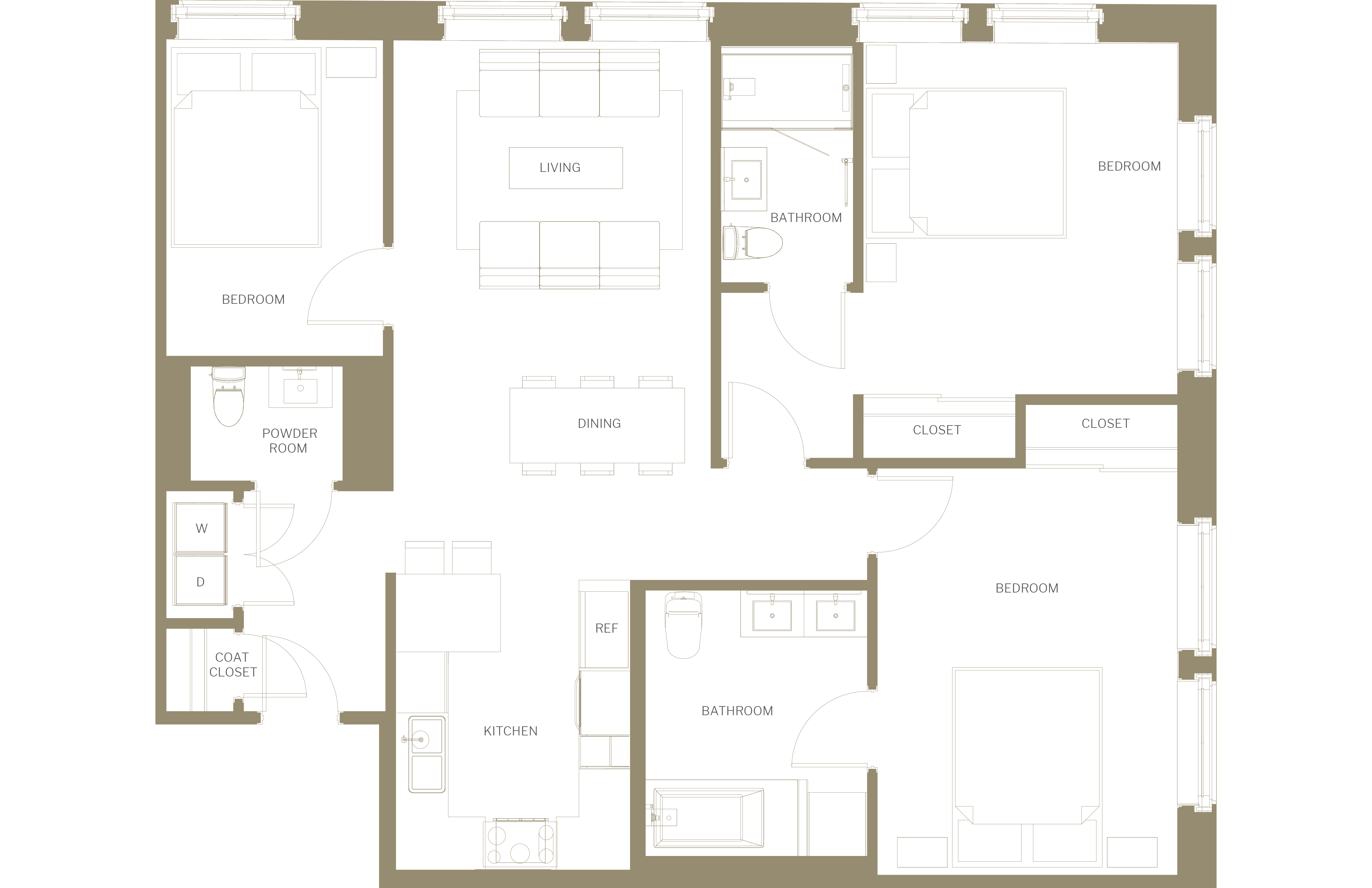 Floor plan for 3 beds, 3 baths, 1645 sqft