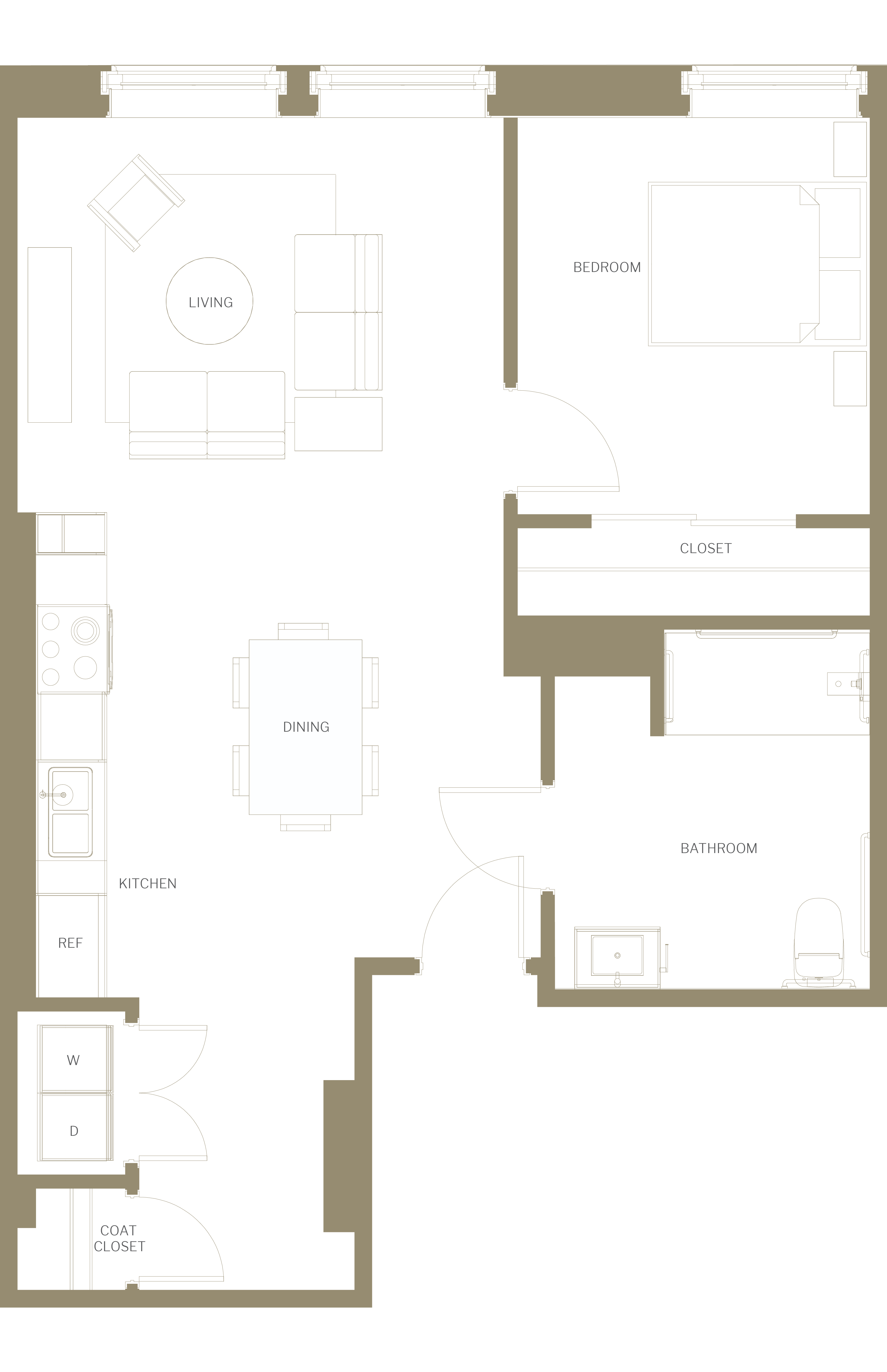 Floor plan for 1 bed, 1 bath, 885 sqft