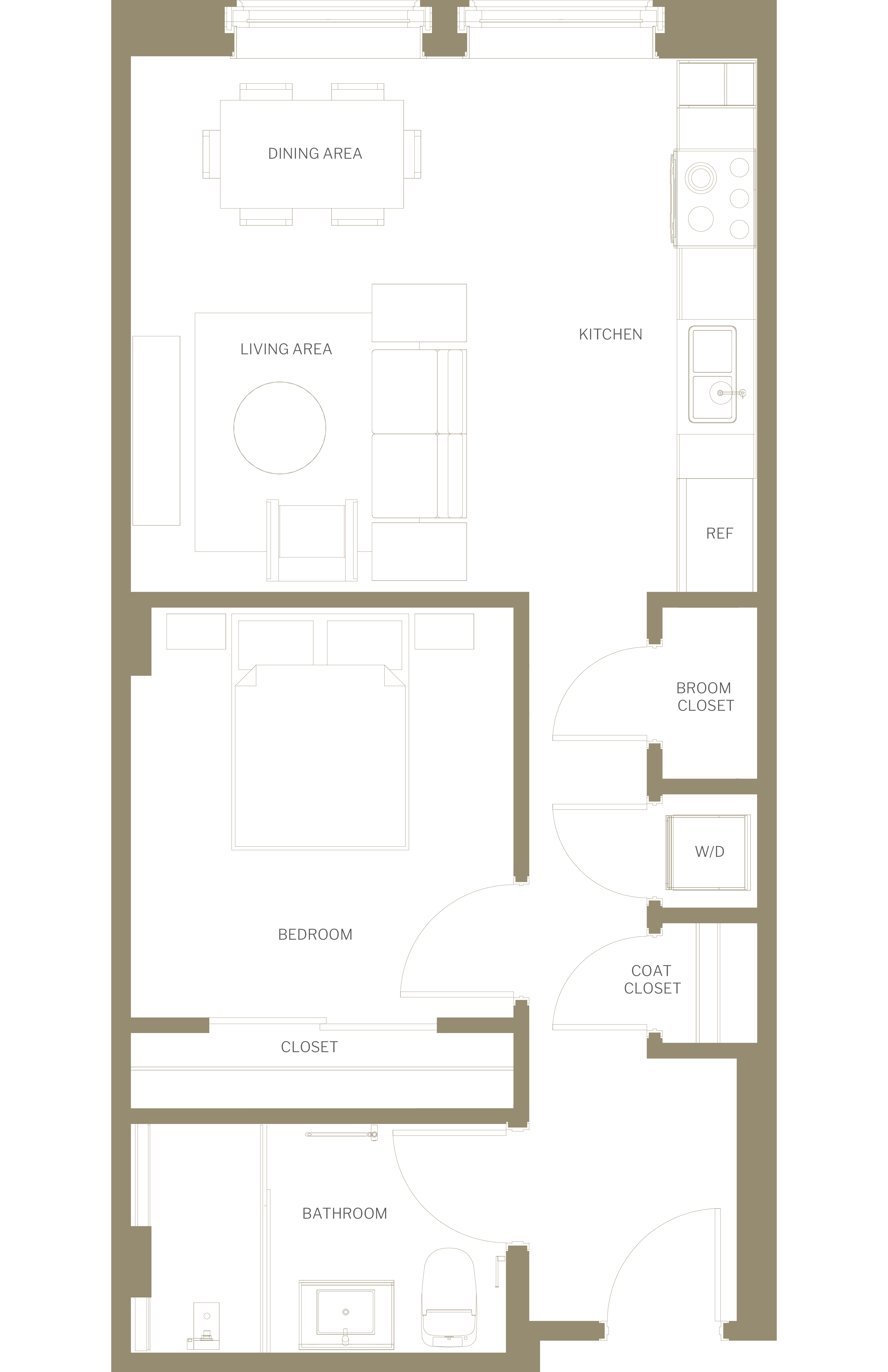 Floor plan for 1 bed, 1 bath, 700 sqft