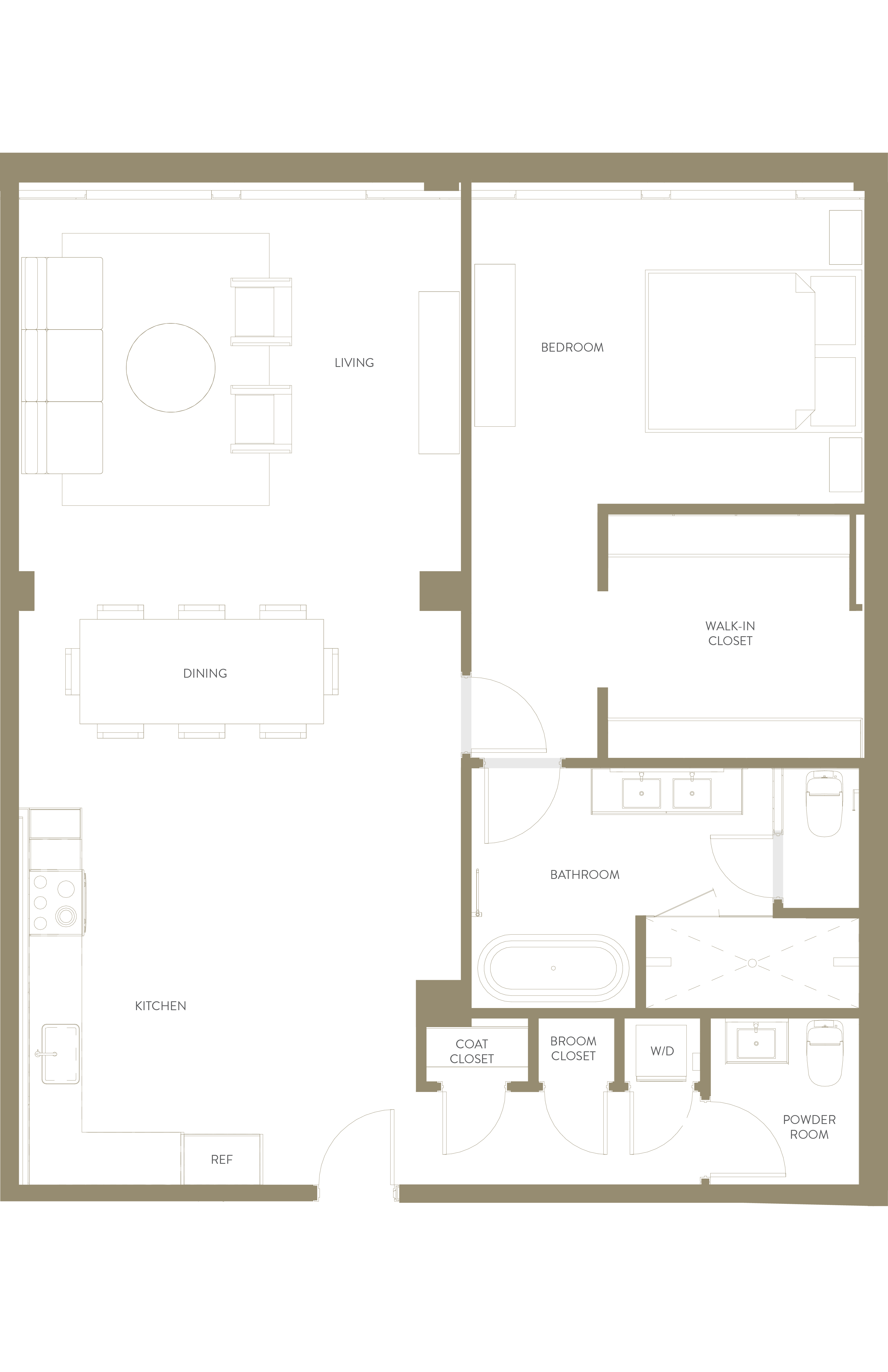 Floor plan for 1 bed, 1.5 baths, 1655 sqft