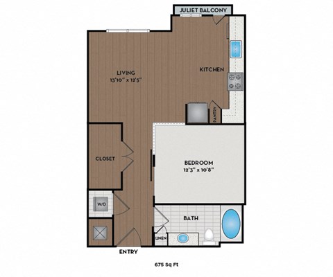 Floor plan for 1 bed, 1 bath, 723 sqft