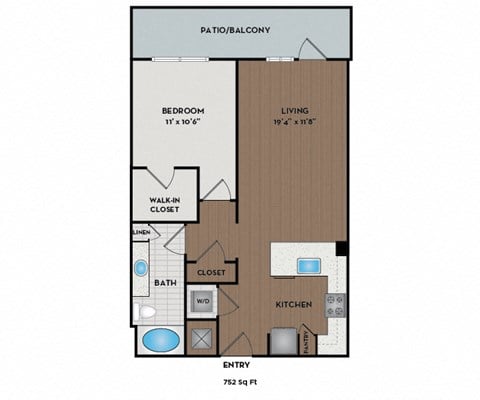 Floor plan for 1 bed, 1 bath, 752 sqft