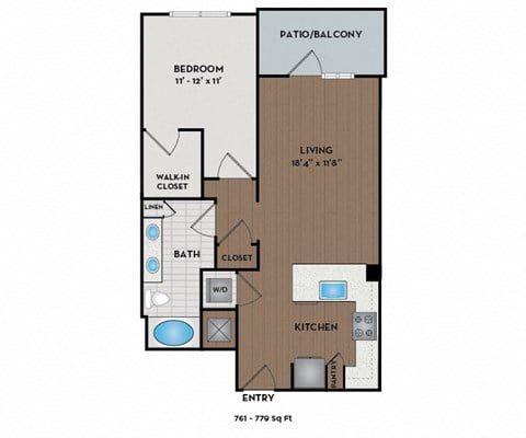 Floor plan for 1 bed, 1 bath, 779 sqft