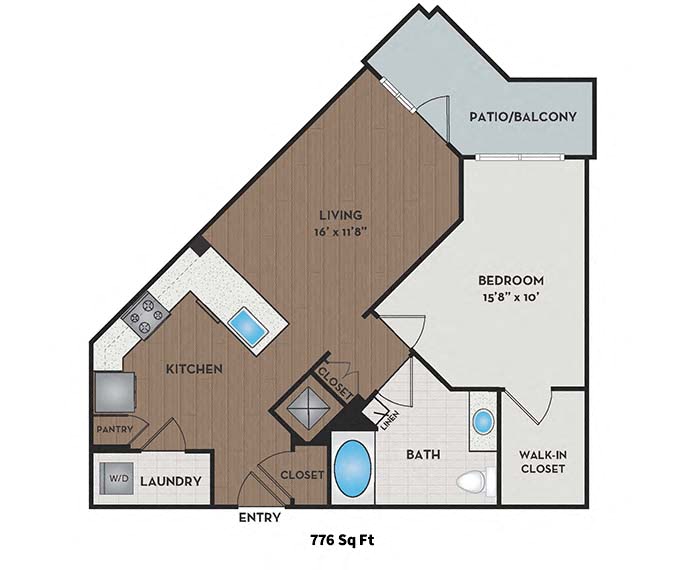 Floor plan for 1 bed, 1 bath, 776 sqft