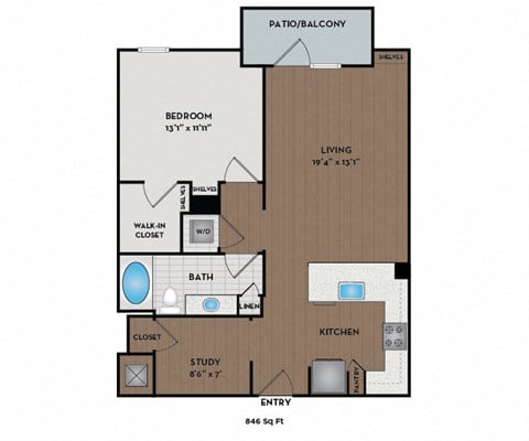 Floor plan for 1 bed, 1 bath, 864 sqft