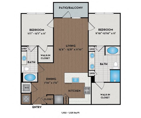 Floor plan for 2 beds, 2 baths, 1125 sqft
