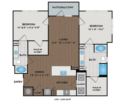 Floor plan for 2 beds, 2 baths, 1244 sqft