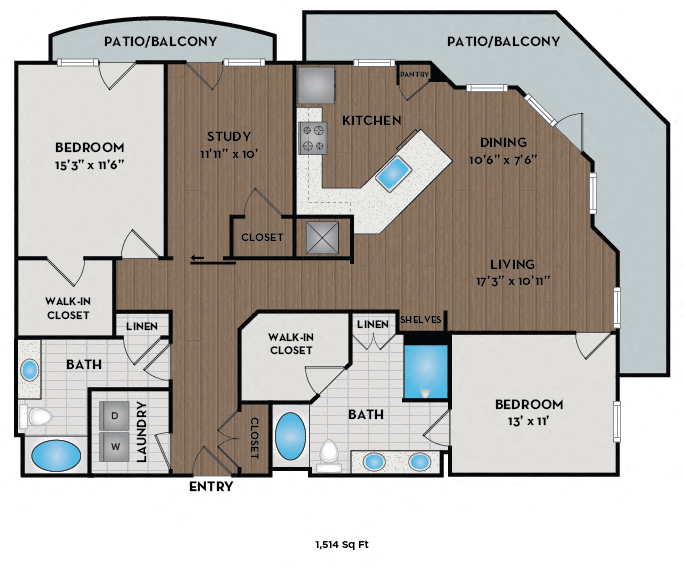 Floor plan for 2 beds, 2 baths, 1514 sqft