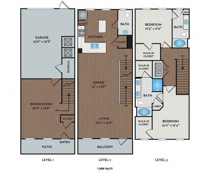 Floor plan for 2 beds, 3.5 baths, 2072 sqft