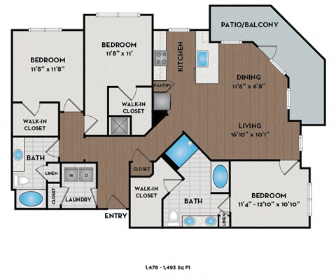 Floor plan for 3 beds, 2 baths, 1539 sqft