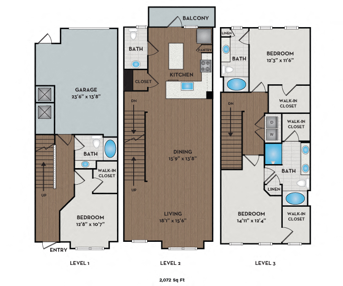 Floor plan for 3 beds, 3.5 baths, 2072 sqft