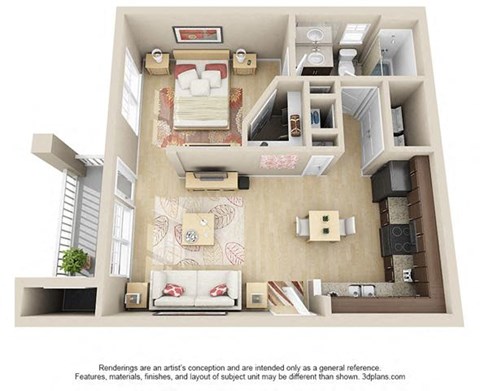Floor plan for 1 bed, 1 bath, 590 sqft