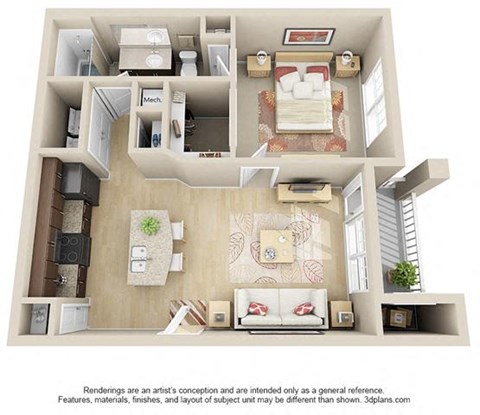 Floor plan for 1 bed, 1 bath, 650 sqft