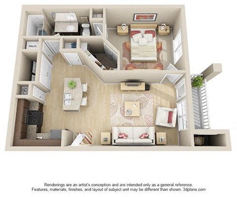 Floor plan for 1 bed, 1 bath, 729 sqft
