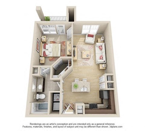 Floor plan for 1 bed, 1 bath, 729 sqft
