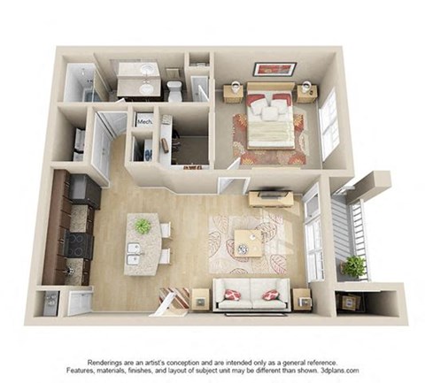 Floor plan for 1 bed, 1 bath, 650 sqft