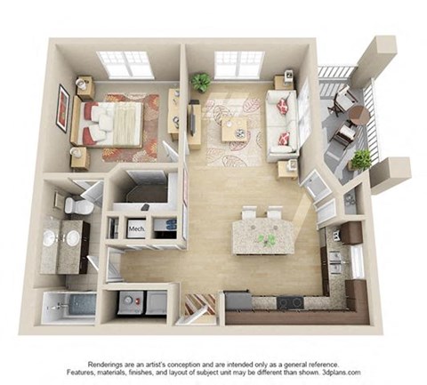 Floor plan for 1 bed, 1 bath, 709 sqft