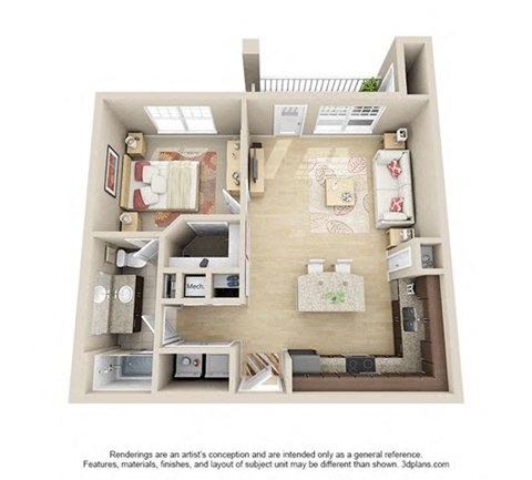 Floor plan for 1 bed, 1 bath, 715 sqft