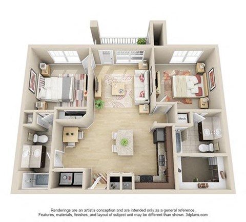 Floor plan for 2 beds, 2 baths, 1002 sqft