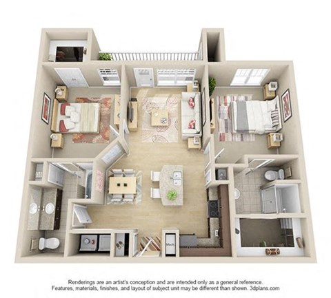 Floor plan for 2 beds, 2 baths, 1050 sqft
