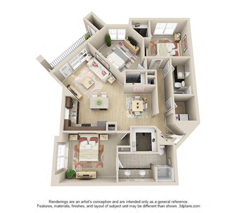 Floor plan for 3 beds, 2 baths, 1280 sqft