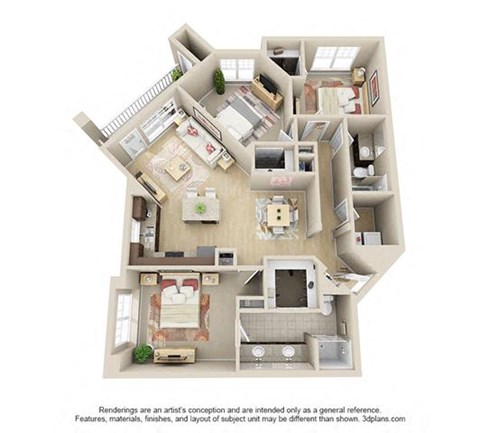 Floor plan for 3 beds, 2 baths, 1280 sqft