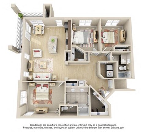 Floor plan for 3 beds, 2 baths, 1415 sqft
