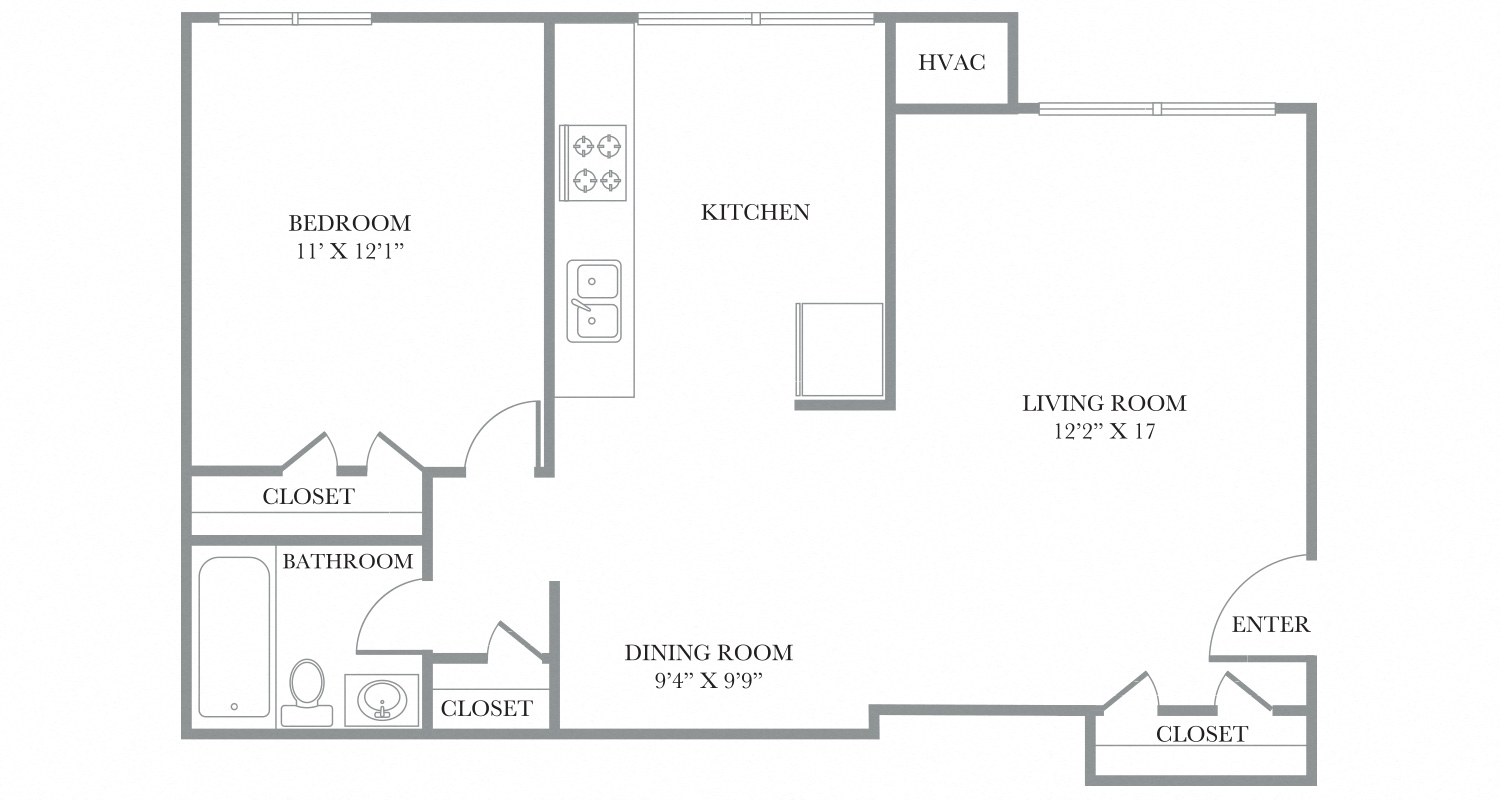 Floor plan for 1 bed, 1 bath, 712 sqft