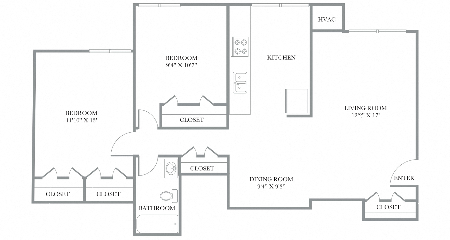 Floor plan for 2 beds, 1 bath, 900 sqft