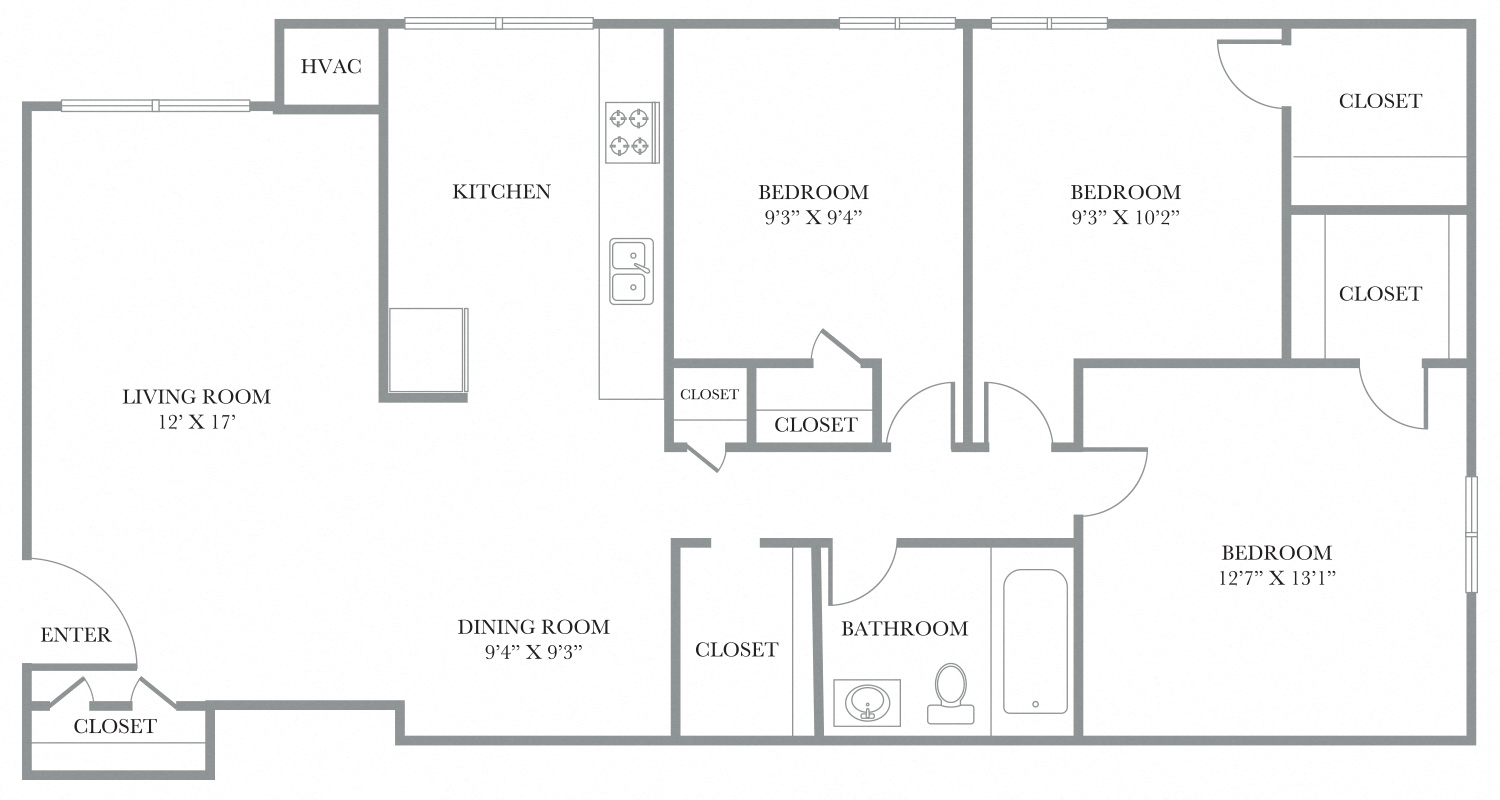 Floor plan for 3 beds, 1 bath, 1050 sqft