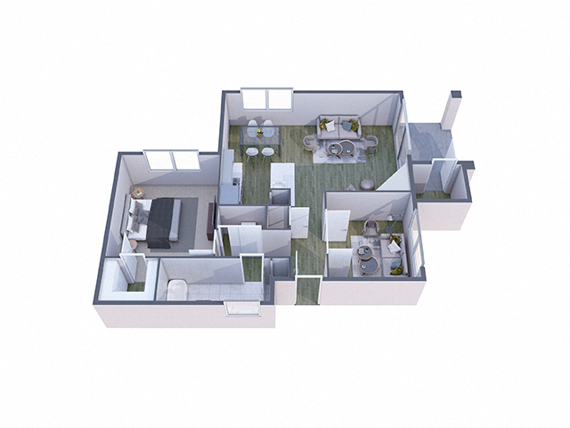 Floor plan for 1 bed, 1 bath, 916 sqft