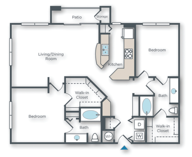Floor plan for 2 beds, 2 baths, 1224 sqft