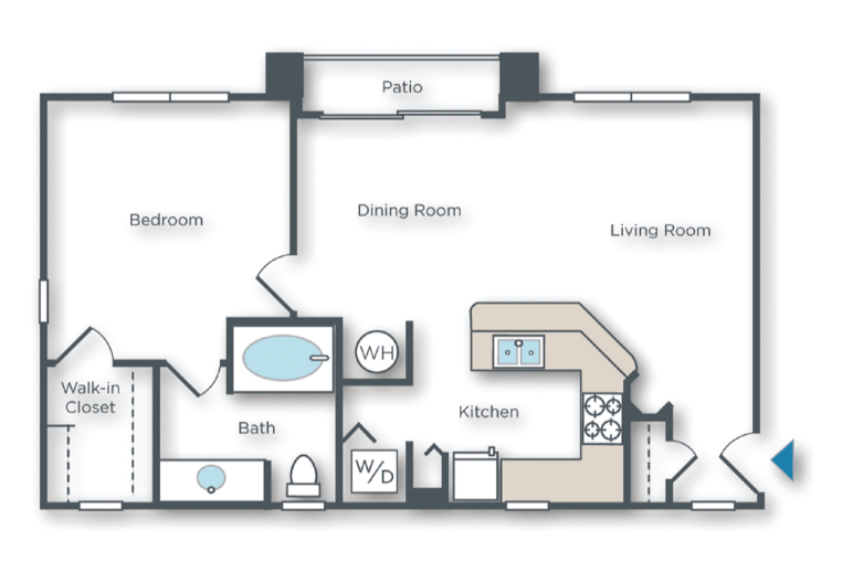 Floor plan for 1 bed, 1 bath, 758 sqft